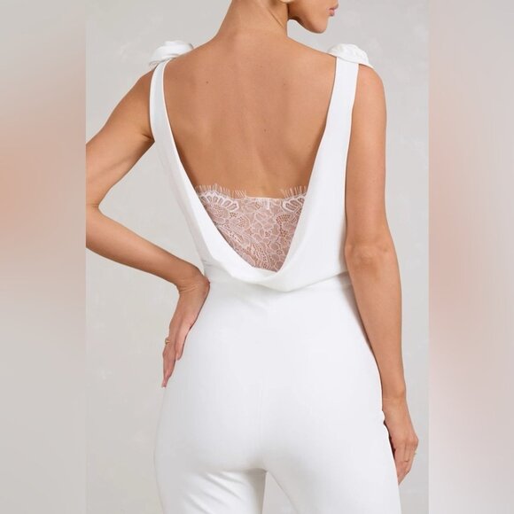 WHITE COWL-NECK JUMPSUIT WITH CORSAGES AND LACE DETAIL - Picture 5 of 9